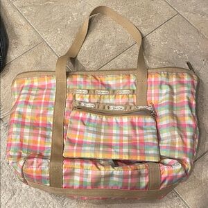 Lesportsac Pastel Multicolor Plaid Tote with Beige Trim plaid
